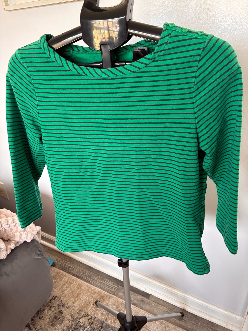 L.L. Bean Green and Black Striped Long Sleeve Boatneck Top